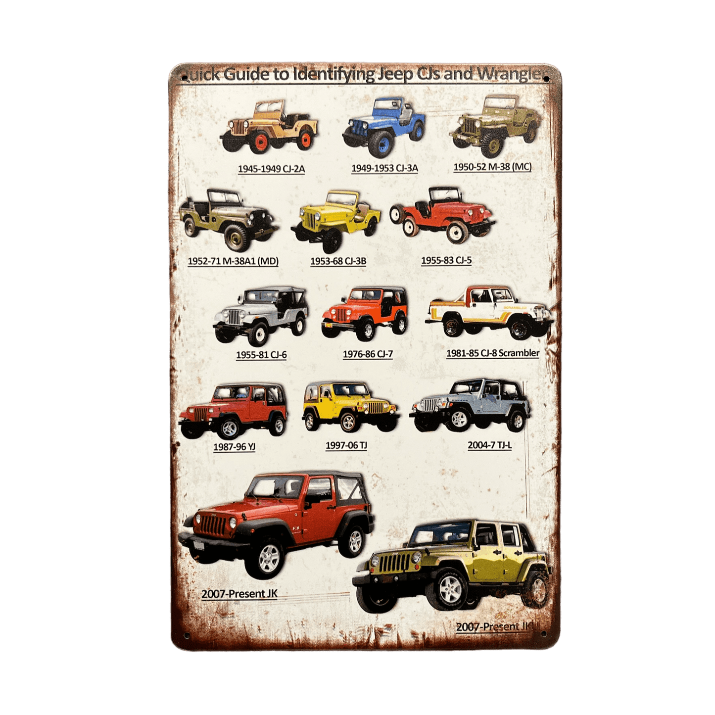 Jeep CJ's en Wranglers Identificatiegids Metalen Bord - Reclamebordenshop.nl